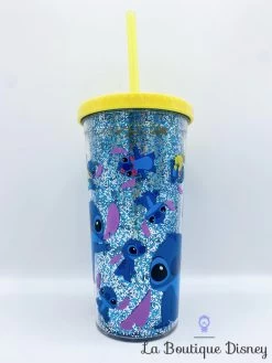Gobelet Paille Stitch Disney Store Verre Plastique Paillettes Bleu Jaune -Poupées Soldes gobelet paille stitch disney store verre plastique bleu jaune lilo et stitch paillettes 1